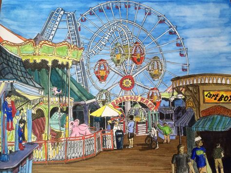 Amusement park Fair Scene Painting, Theme Park Illustration Concept Art, Fair Scene Drawing, Village Fair Drawing, Theme Park Drawing, Amusement Park Painting, Amusement Park Drawing, Fair Drawings, Amusement Park Illustration