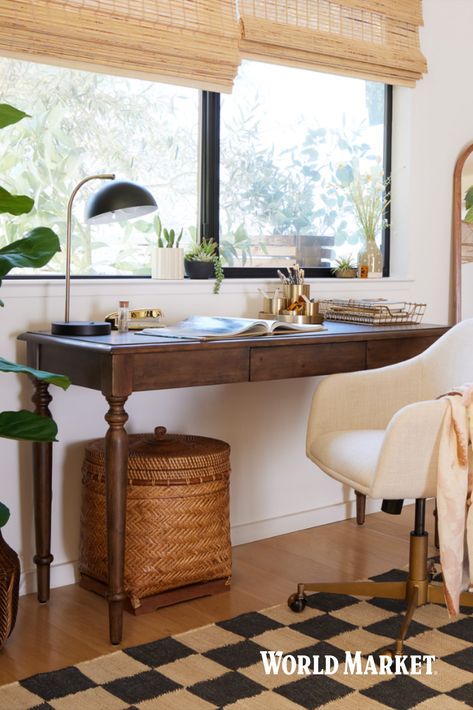 Crafted of wood with a vintage walnut finish, our Cynthia Vintage Walnut Desk features a conveniently hidden drawer. This storage desk provides a spacious work surface suitable for any work-from-home task. Taking its antique appeal from the spool-style leg posts, this timeless piece also complements mid-century office chairs and modern furniture. #WorldMarket #CynthiaCollection #WFH #HomeOffice #VintageHomeDecor Office Writing Desk, Office With Dark Wood Desk, Desks As Nightstands, Antique Table As Desk, Dark Wood Office Furniture, Home Office Desk By Window, Office With Antique Desk, Walnut Desk With Drawers, Vintage Desk Home Office