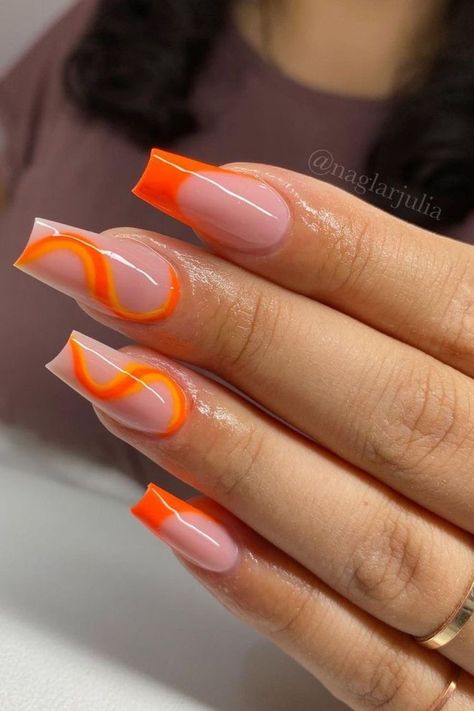 Summer Nails Neon, Neon Orange Nails, Orange Acrylic Nails, Orange Nail Designs, Work Nails, French Acrylic Nails, Acrylic Nails Coffin Short, Neon Nails, Orange Nails