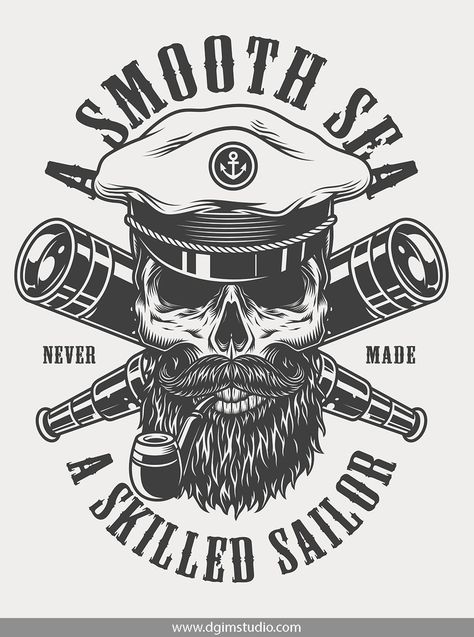 Bearded and mustached skull smoking pipe in the sea captain hat and crossed spyglasses. Vintage style. Vector custom design of the skull. Created with the Skull creator. Click to the link and find a way how to create your own design of the Skull. Thousands of combinations! #skull #vectorillustration #vector#illustration #design #tshirt #apparel#appareldesign #dgimstudio #sailor #nautical #marine #smokingpipe #beard #mustache #ocean Vintage Nautical Tattoo, Vintage Tshirt Design, Sailor Tattoo, Nautical Tattoo, Sea Captain, Marine Theme, Monochrome Art, Skull Illustration, Vintage Skull