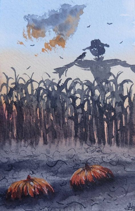 Scarecrow Drawing, Spooky Scarecrow, Scarecrow Painting, Autumn Field, Pumpkin Field, Halloween Watercolor, Autumn Sky, Fall Drawings, October Art