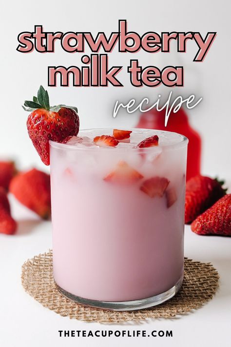 This gorgeous light pink Strawberry Milk Tea is ready in minutes using real strawberries and no special tools. Sweet, juicy and milky, almost like strawberries and cream! If desired, add tapioca pearls to this recipe to make strawberry bubble tea. Strawberry Milk Boba Tea, Strawberry Milk Cocktail, Spring Tea Recipes, Tea Lattes Recipes, How To Make Strawberry Milk Tea, Strawberry Milk Recipes, Coconut Milk Tea Recipe, Drinks To Make With Strawberries, Tea And Milk Recipes