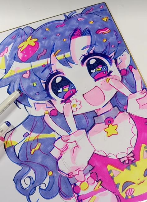 Chibi Clown Drawing, Kawaii Clown Drawing, Kidcore Hair Tutorial Drawing, Tbhk Art Style Tutorial, Cutecore Sketch, Art Markers Drawing, Body Type Drawing, Acrylic Drawing, Cute Sketches