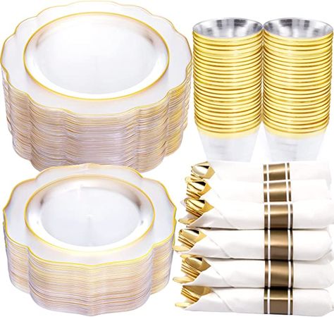 Amazon.com: NOCCUR 50Guest Gold Rim Clear Plastic Plates&Disposable Silverware Cups-Include 100Plastic Plates, 150Gold Utensils, 50Cups and 50Napkins-Idea for Summer Party, Wedding and Birthday : Health & Household Cloth Napkin Folding, Clear Plastic Plates, Enchanted Night, Gold Plastic Plates, Gold Silverware, Clear Plates, Wedding Tea Party, Plastic Silverware, Plastic Dinnerware