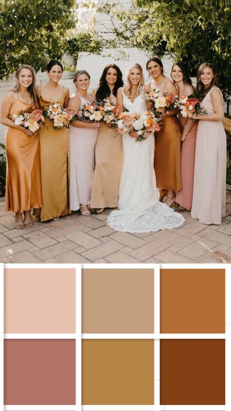 Butterscotch Wedding Colors, Muted Sunset Wedding, Desert Sunset Wedding Colors, Shades Of Champagne Bridesmaid Dresses, Sunset Wedding Color Scheme, Sunset Bridal Party, Summer Bridesmaid Colors, Bridesmaid Pallet, Summer Sunset Wedding Colors