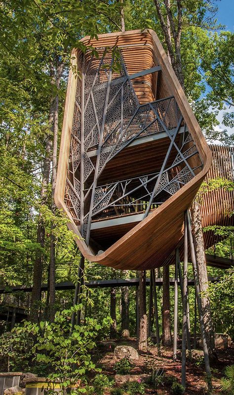 The treehouse at Garvan Woodland Gardens is a standout example of the possibilities. [Photo: Courtesy of Wood Haven] Garvan Woodland Gardens, Garden Tree House, Woodland Gardens, Cool Tree Houses, Tree House Designs, Interesting Buildings, Unique Houses, Unique Architecture, Forest House