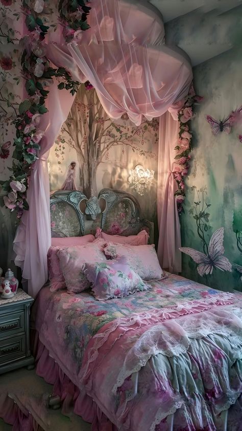 Aphrodite Room Aesthetic, Soft Whimsical Aesthetic, Fairytale Interior Design, Whimsical Bedroom Aesthetic, Sleeping Beauty Room, Ethereal Aesthetic Room, Fantasy Themed Room, Princess Bedroom Aesthetic, Whimsical Bedroom Adult