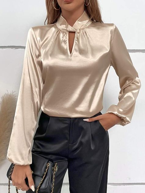 Satin Top Blouses, Satin Outfit, Formal Blouses, Cotton Tops Designs, Striped Off Shoulder Top, Casual Cotton Top, Satin Shirts, Satin Bluse, Statement Blouse