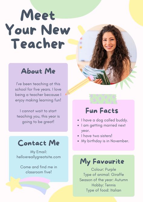 As we approach September, our All About Me Teacher and Student Bundle is the perfect resource to start of the new school year! Get organized and save time with these easy-to-use editable templates. Simply personalise each template to create a fun, engaging introduction for your new class. The Meet Your Student printout is a great way to get to know your students and find out their interests ahead of the new school year. Self Introduction Template, All About Me Teacher, All About Me Template, Meet Your Teacher, Welcome Back Teacher, Me Template, Back To School Classroom, About Me Template, Teacher And Student