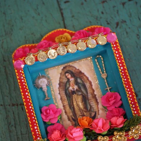 Painted Wood  Nicho Boxes religious Zinnia Folk Arts Red Mexican Nichos Folk Art, The Virgin Of Guadalupe, 2023 Food, State Of Origin, Mexican Table, Mexican Silver Jewelry, Mexican Gifts, Virgin Of Guadalupe, Mexican Crafts