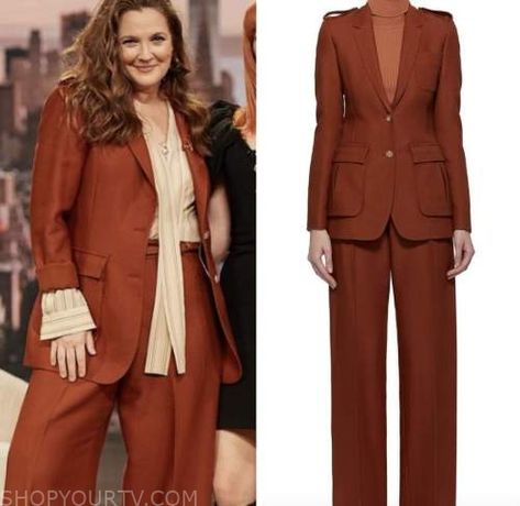 Drew Barrymore Show: January 2023 Drew Barrymore's Rust Blazer and Pant Suit Check more at https://www.shopyourtv.com/drew-barrymore-show-january-2023-drew-barrymores-rust-blazer-and-pant-suit/ Drew Barrymore Pant Suits, Drew Barrymore Show Style, Drew Barrymore Style 2023, Drew Barrymore Suit, Drew Barrymore Style Now, Drew Barrymore Style, 70s Blazer, Alison Roman, Drew Barrymore Show