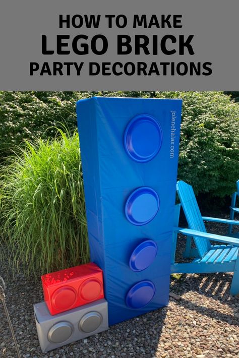 Easy to Make Life-Size LEGO Brick Decorations Diy Lego Blocks Cardboard, Lego And Let God Trunk Or Treat, Diy Giant Lego Blocks, Lego Parade Float Ideas, Lego Themed Trunk Or Treat, Lego Decorations Diy, Trunk Or Treat Lego Theme, Lego Graduation Ideas, Lego Vbs Decorations