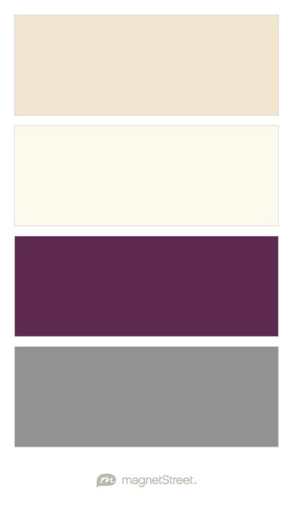 Champagne, Ivory, Eggplant, and Classic Gray Wedding Color Palette - custom color palette created at MagnetStreet.com Eggplant Wedding Colors, Midnight Blue Wedding, Eggplant Wedding, Charcoal Wedding, Gray Wedding Colors, Bedroom Purple, Wedding Colors Purple, Purple Color Palettes, Bathroom Themes