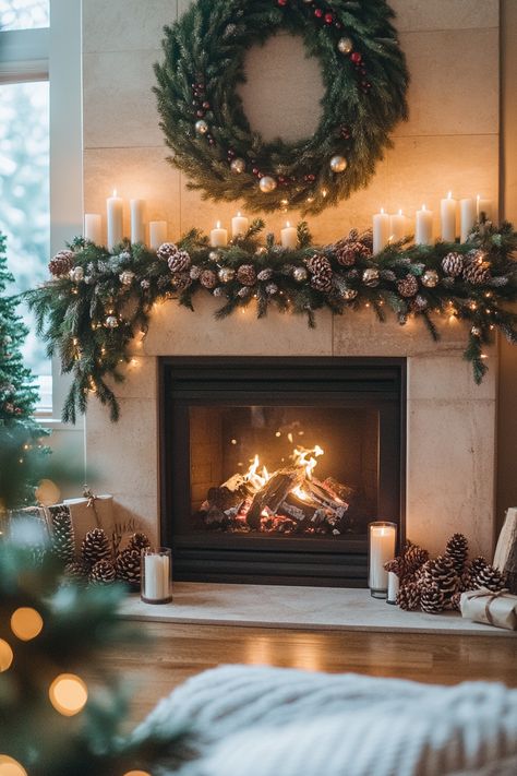 Transform your living space with these cozy winter home decor ideas. The warm fireplace, elegant candles, and festive greenery create a welcoming atmosphere perfect for the holiday season. #winterhomedecor #cozyvibes #holidaydecor Fireplace Decor Greenery, Xmas Mantle Ideas Fireplaces, Brick Fireplace Christmas Decor, Fireplace With Candles Inside, Winter Wedding Fireplace, Wreath Over Fireplace, Modern Christmas Fireplace, Christmas Fireplaces, Fireplace Winter