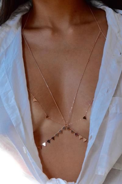 pinterest & insta : daviescaite Lili Claspe, Body Necklace, Weird Jewelry, Chain Bra, Gold Overlay, Triangle Bralette, Reclaimed Vintage, Delicate Chain, Body Chain Jewelry