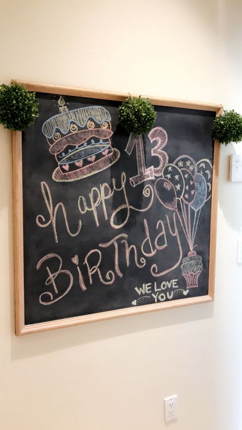 Happy 13th birthday chalk art Happy Birthday Whiteboard Ideas, Happy Birthday Chalk Art, Birthday Chalk Art, Happy Birthday Chalkboard Art, Dry Erase Board Drawings, Happy Birthday Chalkboard, Birthday Chalkboard Art, Chalkboard Sayings, Chalk Wall Art