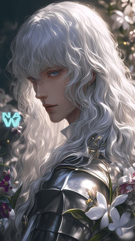 ❱ ⟦AI-Genenrated⟧ #BERSERK White Hair Warrior, Griffith Hair, Griffith Berserk, Angel Wings Art, Code Lyoko, Long White Hair, Rainbow Warrior, Wings Art, Draw Sketch