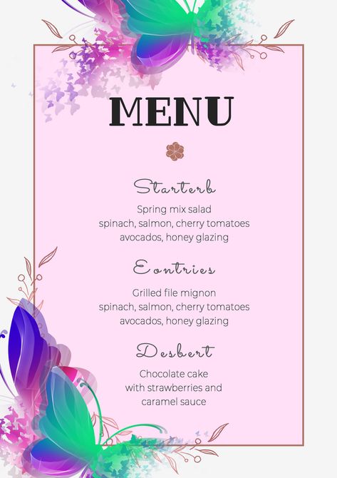 Abstract butterfly creative wedding menu#pikbest#templates Menu Sans Gluten, Butterfly Wedding Invitations, Spring Mix Salad, Chocolate Strawberry Cake, Abstract Butterfly, Menu Designs, Creative Wedding Invitations, Spring Mix, Menu Planners