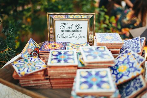 spanish tile wedding favor. Spanish Tile Wedding, Spanish Themed Weddings, Tile Wedding, Silver Wedding Favors, Spanish Style Wedding, Cocktail Party Decor, Bottle Opener Favors, Honey Wedding Favors, Inexpensive Wedding Favors