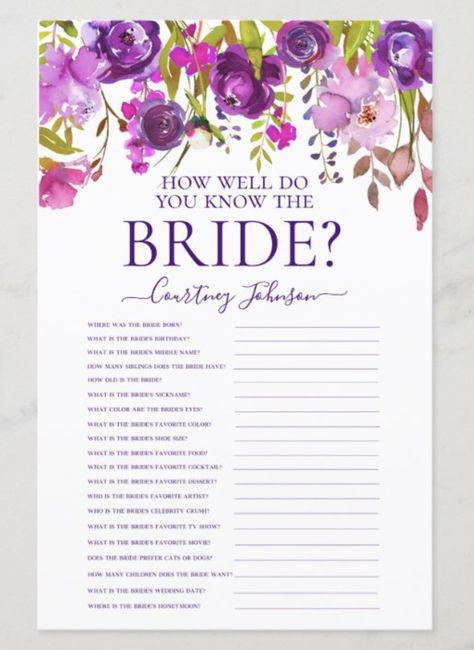 This lovely purple floral How Well Do You Know The Bride? bridal shower game sheet is elegant and charming - perfect for any garden, botanical, rustic, romantic, floral, formal or vintage wedding. Its exquisite combination of graceful multi-hued purple flowers and wispy greenery is flowy, delicate, and beautiful. This fun and easy game with questions about the bride is sure to bring lots of laughter to your bridal shower. The bride's name is customizable. Tangled Bridal Shower Theme, Purple Bridal Shower Ideas, Questions About The Bride, Purple Cowgirl, Cowgirl Bridal Shower, Garden Botanical, Purple Bridal Shower, Bridal Shower Inspiration, Wedding Shower Games