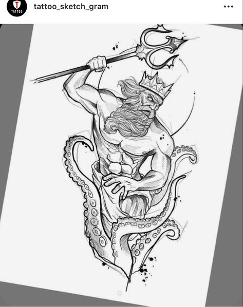 Poseidon Drawing, Trident Tattoo, Greek God Tattoo, Poseidon Tattoo, Kunst Tattoos, Sea Tattoo, Greek Mythology Tattoos, God Tattoos, Mythology Tattoos