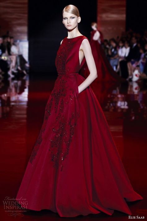 Above, heavily embellished long sleeve wedding dress with matching veil. Below, sleeveless ruby ball gown. Insane color! Red Ball Gown, Concert Dresses, Elie Saab Fall, Ideas Clothes, Collection Couture, Anja Rubik, Simply Red, Candice Swanepoel, Rosie Huntington Whiteley