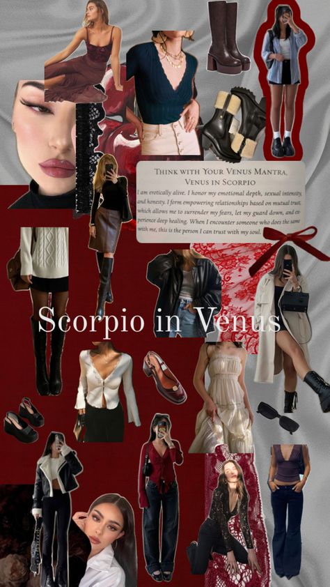 Venus in Scorpio style vision board. Elegant, classy, sensual Style Vision Board, Venus In Scorpio, Scorpio Style, Demure Outfit, Scorpio Fashion, Venus In Libra, Scorpio Girl, Venus Fashion, Cool Girl Style