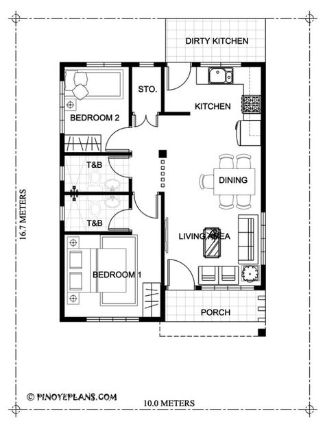 This Two Bedroom Small House Design has a total floor area of 61 square meters that can be built in a 134 square meters lot area. if you have a lot width of 10 meters and 16.7 meters depth, this de… 1 Bedroom House Plans, 2 Bedroom Floor Plans, Little House Plans, Two Bedroom House, 2 Bedroom House Plans, Free House Plans, Small House Floor Plans, Garage House Plans, Simple House Plans