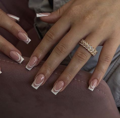 French Tip Acrylics With Initial, White French Tip Triangle, French Tips White Square, Square Double French Nails, French Tip Square Nails With Design, Calm Nail Designs, White French Nails Square, Pattern French Tip Nails, White Square Nails Design