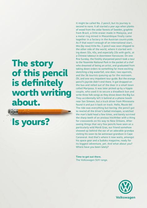 Print advertisment created by DDB, Germany for Volkswagen, within the category: Automotive. Volkswagen Suv, Copywriting Ads, Brand Manifesto, Copy Ads, Publicidad Creativa, Ad Copy, Great Ads, The Mundane, Print Advertising