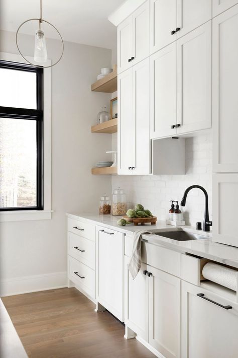 Iteri Modern House Reveal | Bria Hammel Interiors White Cabinets Black Hardware, Bria Hammel Interiors, Bria Hammel, White Pantry, White Shaker Kitchen, Exposed Brick Walls, White Cabinetry, Kitchen Hardware, Shaker Kitchen