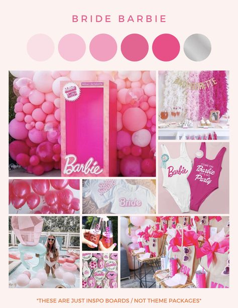 Barbie Core Bachelorette, Barbie Theme Hen Do, Pretty In Pink Bachelorette Theme, Bachelorette Party Ideas Barbie, Barbie Bachelorette Party Ideas, Malibu Barbie Bachelorette Party, Barbie Theme Bachelorette Party, Barbie Bridal Shower Ideas, Hendo Ideas