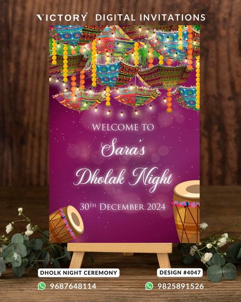 Order Now: Call / WhatsApp: +91 9687648114 / +91 9825891526 Dholki digital invitation standee card with traditional floral theme Dholak invite | Pakistani Dholak night | Instant download E-Invite - 4046 The glittery Theme of Pakistani Dholki invite Digital digital invitation card in purple background color. This Muslim Dholak Night e-invite standee card is available in English language. It includes elements such as dholak, traditional umbrellas, marigold garland and string lights. #dholki... Dholki Invitation Cards, Marigold Garland, Digital Invitation Card, Ceremony Design, E Invite, Purple Background, Floral Theme, Digital Invitation, Purple Backgrounds