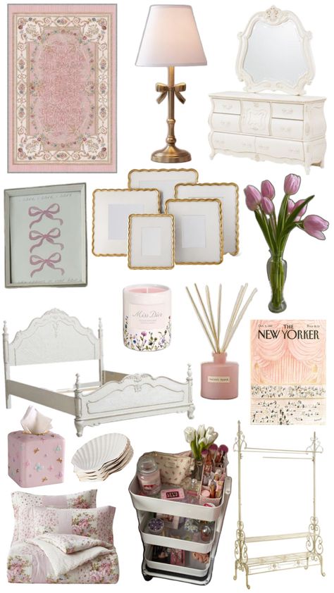 Girly Bedrooms For Women, Girly Room Inspo Aesthetic, Rom Com Bedroom, Lana Del Ray Bedroom Aesthetic, Loveshackfancy Aesthetic Room, Love Shack Fancy Inspired Bedroom, Coquette Dorm Room Aesthetic, Loveshackfancy Aesthetic Bedroom, Dainty Room Aesthetic