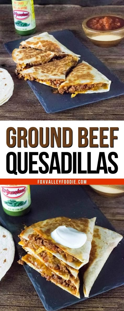 These cheesy ground beef quesadillas are loaded with seasoned beef and salsa, along with a generous helping of shredded cheese to ensure each bite is gooey and delicious! If you are looking for a quick and easy meal using simple ingredients, this is it! Quesadillas are a great way to make taco night more exciting, while ground beef makes them heartier. Add your favorite taco customizations to them as well to fit your family's tastes! Taco Melts Beef, Beef Quesadillas Easy, Ground Beef Quesadillas Easy, Ground Beef Tortilla Wraps, Mini Beef Quesadillas, Taco Quesadilla Recipes, Quasidilla Recipes Ground Beef, Taco Meat Quesadilla, Cheesy Ground Beef Quesadillas