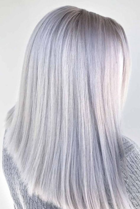 Trendy Winter Hair Colors 2023-2024 ★ Platinum Silver Hair Highlights, Platinum Grey Hair, Icy Silver Hair, Metallic Silver Hair, White Silver Hair, Natural Silver Hair, Gray Hair Dye, Silver Gray Hair, Grey Hair Color Silver