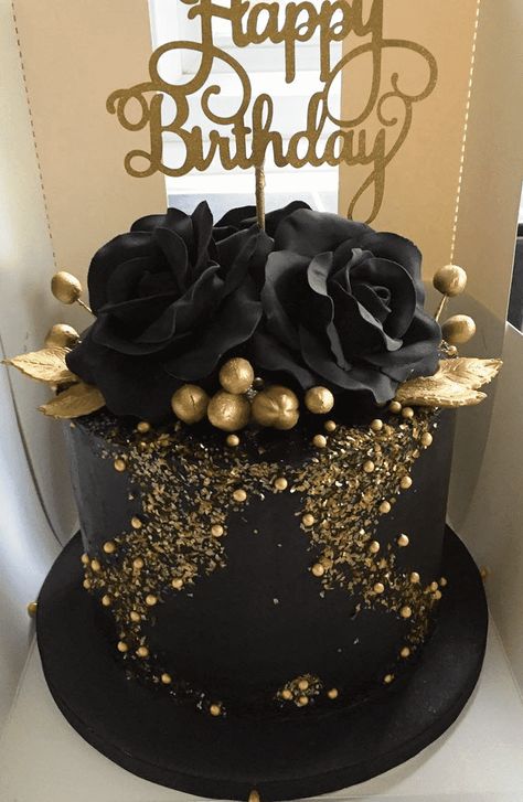 Black And Gold 18th Birthday Cake, Cake With Black Flowers, Black And Gold Birthday Cakes, Cake Designs Black And Gold, Black And Rose Gold Cake, Black And Gold Cake Ideas, Black Rose Cake, Birthday Cake Black And Gold, 35th Birthday Cake