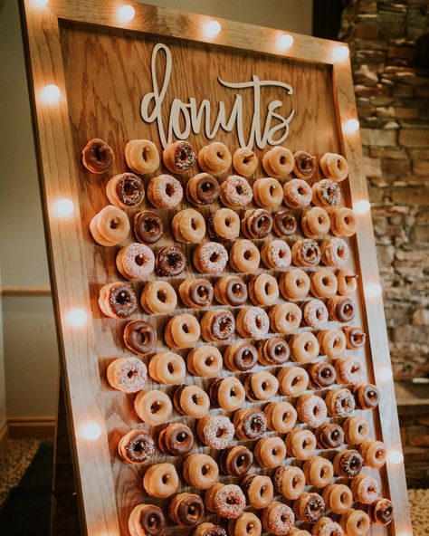 Donuts Wall, Donut Wall Wedding, Donut Board, Donut Walls, Donut Display, Edmond Oklahoma, Wedding Donuts, Rustic Bride, Donut Bar