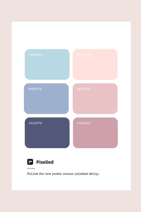 This soft pastel color palette features a blend of gentle blues, pale pinks, and muted purples. These soothing shades evoke a sense of tranquility and elegance, ideal for creating serene and delicate designs in illustration, branding, typography, and web UI. Soft Pastel Color Palette, Blue Pastel Color Palette, Pastel Color Palette Soft, Web Design Color Palette, Muted Pastel Color Palette, Pink And Blue Color Palette, Pastel Color Combinations, Pale Palette, Soothing Color Palette