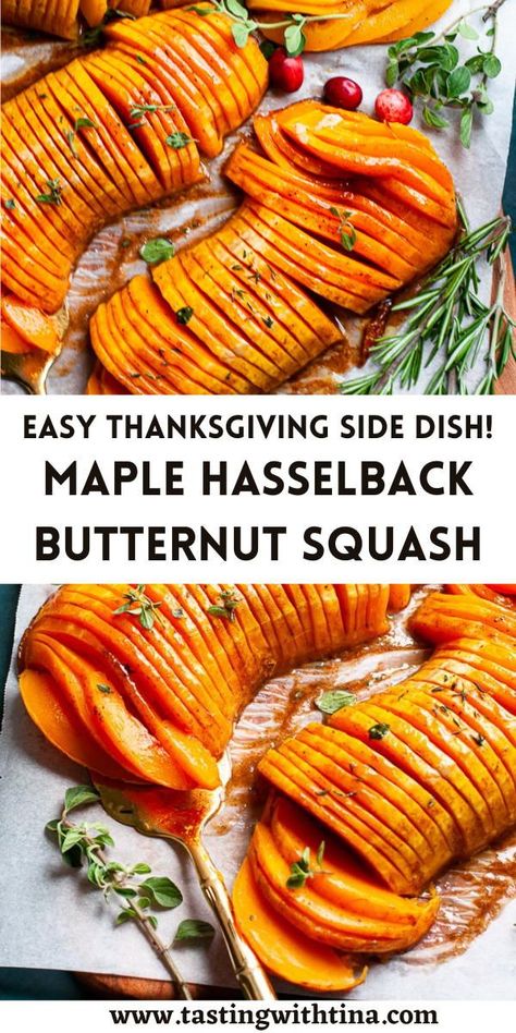 With tender roasted squash and a cinnamon maple glaze, this Maple Hasselback Butternut Squash is a great savory and sweet side dish. This one is perfect for Thanksgiving or Christmas! Plus, it's pretty easy. Hasselback Butternut Squash, Butternut Squash Side Dish, Best Butternut Squash Recipe, Butternut Squash Recipes Roasted, Baked Butternut Squash, Thanksgiving Side Dishes Easy, Savory Recipe, Thanksgiving Side Dish, Thanksgiving Cooking