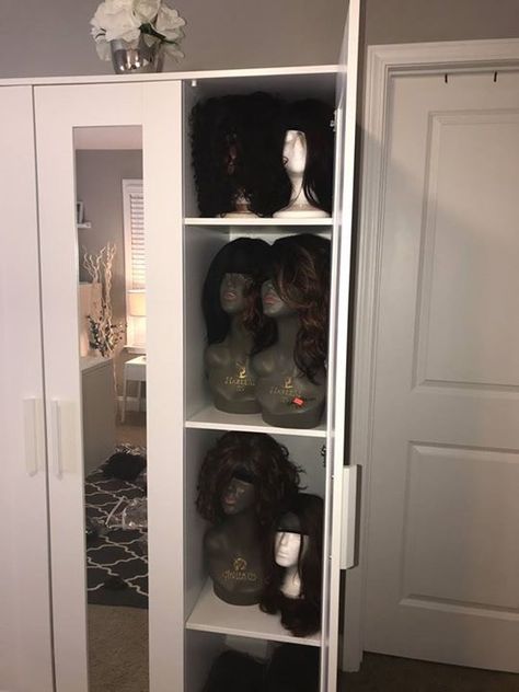 Wig storage Wig Storage Ideas Organizing, Wig Room Ideas At Home, Floating Shelves For Wigs, Wig Closet Storage, Wig Storage Ideas At Home, Wig Room Ideas, Wig Collection Display, Bathroom Glam Decor, Wig Organization Ideas