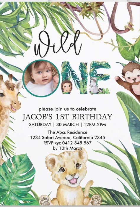 Wild One tropical safari animals themed 1st birthday party invitations for boys featuring a photo of your child. afflink Jungle Photo, Safari Wild One, Theme Jungle, Jungle Birthday Invitations, Tropical Safari, Jungle Theme Birthday Party, Typography Invitation, Birthday Typography, Zoo Birthday Party