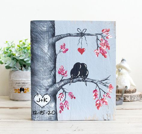 Anniversary Canvas Ideas, Anniversary Art Ideas, Anniversary Painting Ideas For Him, Wedding Anniversary Painting, Wedding Canvas Painting, Anniversary Painting Ideas, Tree With Initials, Anniversary Painting, Tattoo Fillers