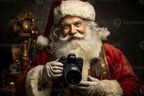 Happy Santa Claus with photo camera in the hands on dark festive christmas background. Camera Man, Baby Shoot, Photo Camera, Christmas Background, The Happy, Festive Christmas, Camera Photo, Hands On, Santa Claus