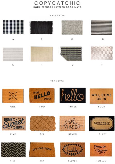 We are loving the trend of layering door mats for an extra statement. Start with a flat cotton weave and then add a slightly smaller coir on top. I’m especially a fan of top layers with witty welcome greetings. Some favorite combos: A1, D4, and G10. What would look good paired by your front door? Layered Door Mat Ideas Fall, Rug Under Welcome Mat, Doormat And Rug Combos, Door Mat And Rug Combos, Outdoor Rug Under Door Mat, Front Door Layered Doormat, Front Door Layered Rugs, Front Door Mats Doormats Entrance, Doormat Ideas Front Porches