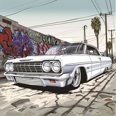 Low Rider Cars Drawing, Lowrider Cars Old School, Old School Cars Vintage, Lowriders Art, Car Lowrider, 64 Impala Lowrider, Lowrider Drawings, Lowrider Tattoo, Impala Lowrider