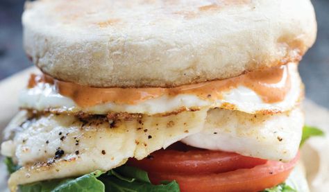 Harissa Spiced Tilapia Breakfast Sandwich | Aqua Star Tilapia Breakfast, Tilapia Fillet Recipe, Tilapia Fillet, Savory Sauce, Juicy Tomatoes, English Muffin, Aioli, How To Cook Eggs, Breakfast Sandwich