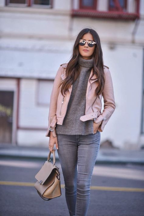 8 Pastel Pink Looks Pink Leather Jacket Outfit, Blush Leather Jacket, Pink Jacket Outfit, Moto Jacket Outfit, Pink Moto Jacket, Grey Sweater Outfit, Motorcycle Jacket Women, Pullovers Outfit, Look Rose