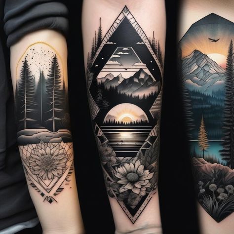 Mountain Sleeve Tattoo Women, Forest Tattoo Sleeve, Pnw Tattoo, Nature Tattoo Sleeve, Tattoos To Cover Scars, Small Quote Tattoos, Faith Tattoo, Hand And Finger Tattoos, Fantasy Tattoos