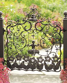 Garden gate made of forged iron with a black-brown finish. Includes latch and hinges. Has an outward opening with the closure latch on the gate's right side. Application of a sealant coating is recomm Wrought Iron Gates, Iron Work, Iron Gates, Fence Gate, Garden Gate, Iron Gate, Mackenzie Childs, Beautiful Doors, Garden Gates